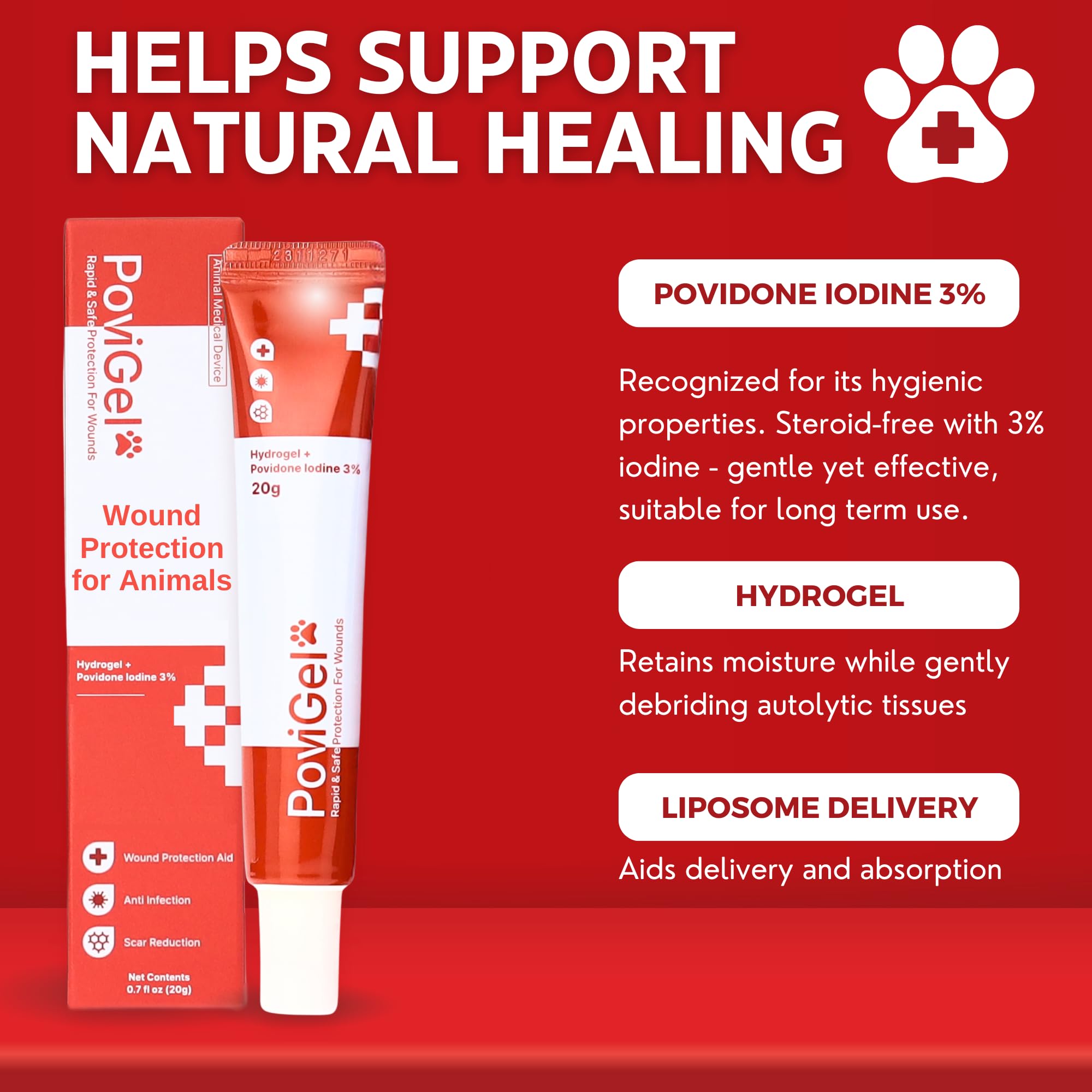 PoviGel Dog Wound Care Ointment, Fast Absorption Rapid Healing Pain & Itch Relief, Dog Ear Infection Treatment, Yeast Infection Treatment for Dogs & Cats, Povidone-Iodine 3% for Pets, Hot Spots