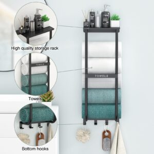 Towel Racks for Bathroom, Black Towel Rack Wall Mounted, Towel Holder for Bathroom Wall, Bath Towel Shelf with Hooks,Stainless Steel Towel Organizer，Bathroom Towel Storage for Rolled Towels.