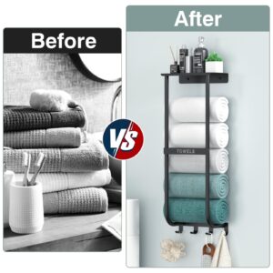 Towel Racks for Bathroom, Black Towel Rack Wall Mounted, Towel Holder for Bathroom Wall, Bath Towel Shelf with Hooks,Stainless Steel Towel Organizer，Bathroom Towel Storage for Rolled Towels.