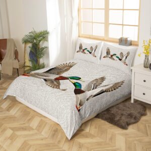 Mallard Duck Bedding Set Queen Wild Animal Comforter Cover, Grey Honeycomb Bed Set Lake Wildlife Duvet Cover, Modern Geometric Hexagon Bedspread Cover Hunting Theme Home Decor 3pcs (Zipper Closure)