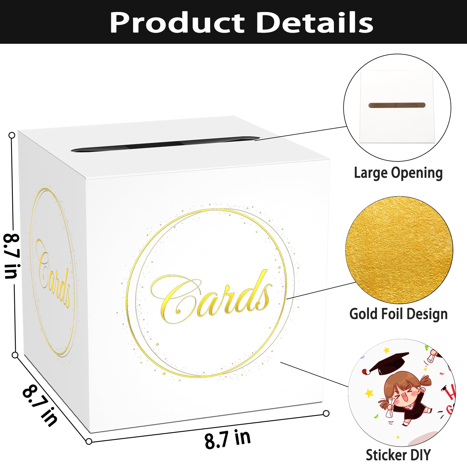 White Card Box for Party, 8.7" Circle Gold Foil Design Gift Cards Receiving Box Holder for Wedding, Bridal Shower, Graduation, Birthday, Retirement, Baby Shower, Anniversaries Party Decorations