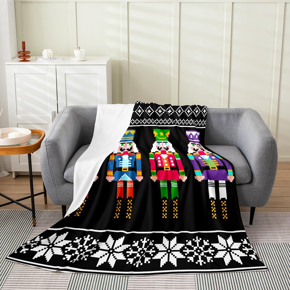 Erosebridal Nutcracker Blanket Twin 60x80 Inch, Retro Xmas Throw Blanket for Kids Young, Colorful Scandinavian Christmas Snowflakes Fleece Blanket, Black White Winter Bed Blanket