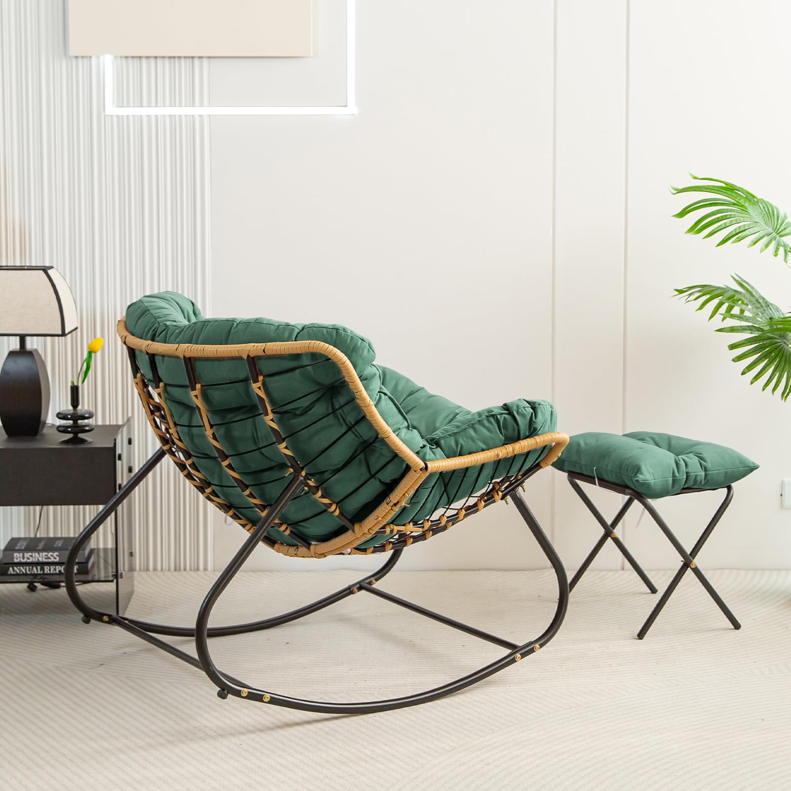 HIGOGOGO Giant Patio Rocking Chair, Indoor Outdoor Egg Freestyle Papasan Chair with Cushion and Frame, Comfortable Leisure Lounge Chair for Living Room, Bedroom, Porch, Garden, Green