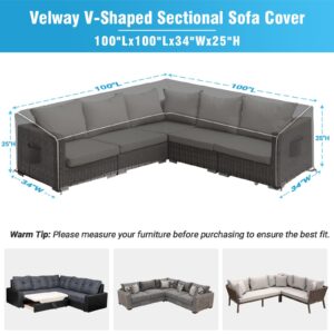 Velway Patio Sectional Sofa Cover V-Shaped Waterproof Super Windproof Sectional Couch Cover 100"x100" for Outdoor Garden Heavy-Duty UV Resistant Furniture Cover with 2 Air Vents Black