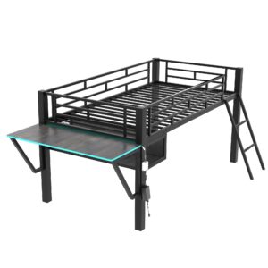 Linique Twin Size Gaming Loft Bed with Desk, LED and Staircase, Metal Loft Bed Frame with Vented Mesh Undercarriage Storage, Black