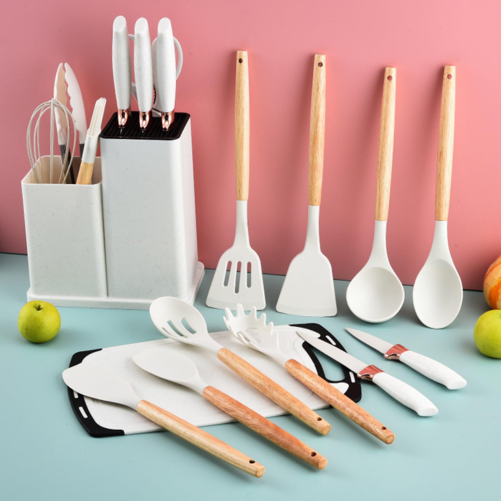 SV Home & Deco All-in-One 19-Piece Kitchen Utensils and Knives Set: 14 Cooking Utensils + 5 Essential Kitchen Knives for a Complete Culinary Experience (White), SMALL, N0516