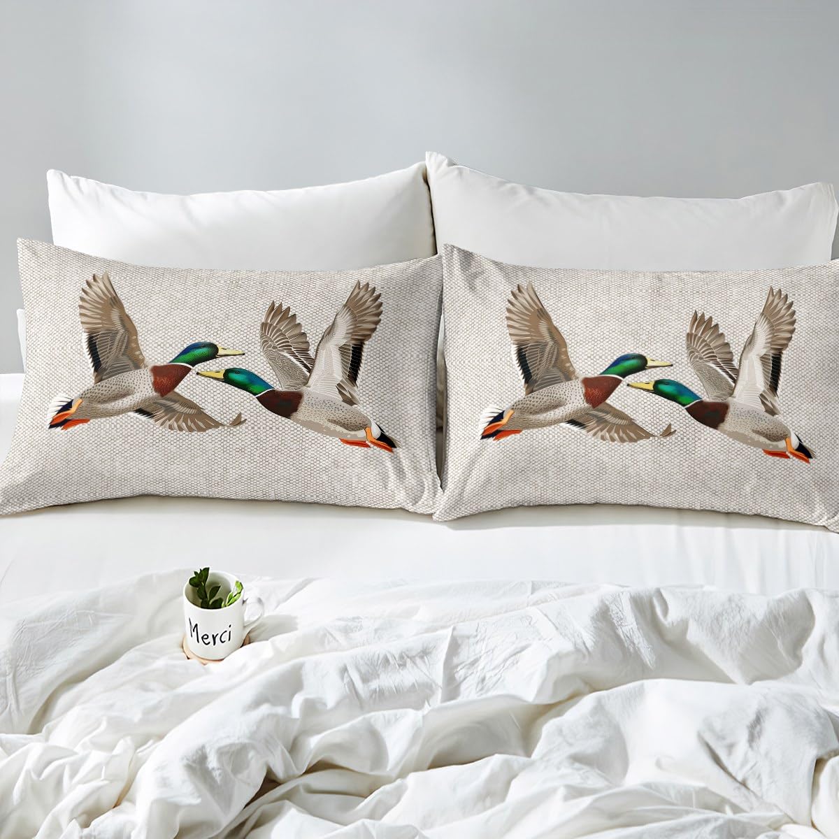 Mallard Duck Bedding Set Queen Wild Animal Comforter Cover, Grey Honeycomb Bed Set Lake Wildlife Duvet Cover, Modern Geometric Hexagon Bedspread Cover Hunting Theme Home Decor 3pcs (Zipper Closure)