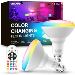 unilamp br30 color changing light bulb, led flood lights 12w dimmable, 100w equivalent, rgb+2700k+4000k+6500k, remote control, 1050lm, e26 multi-color can light bulbs for ceiling, 2 pack