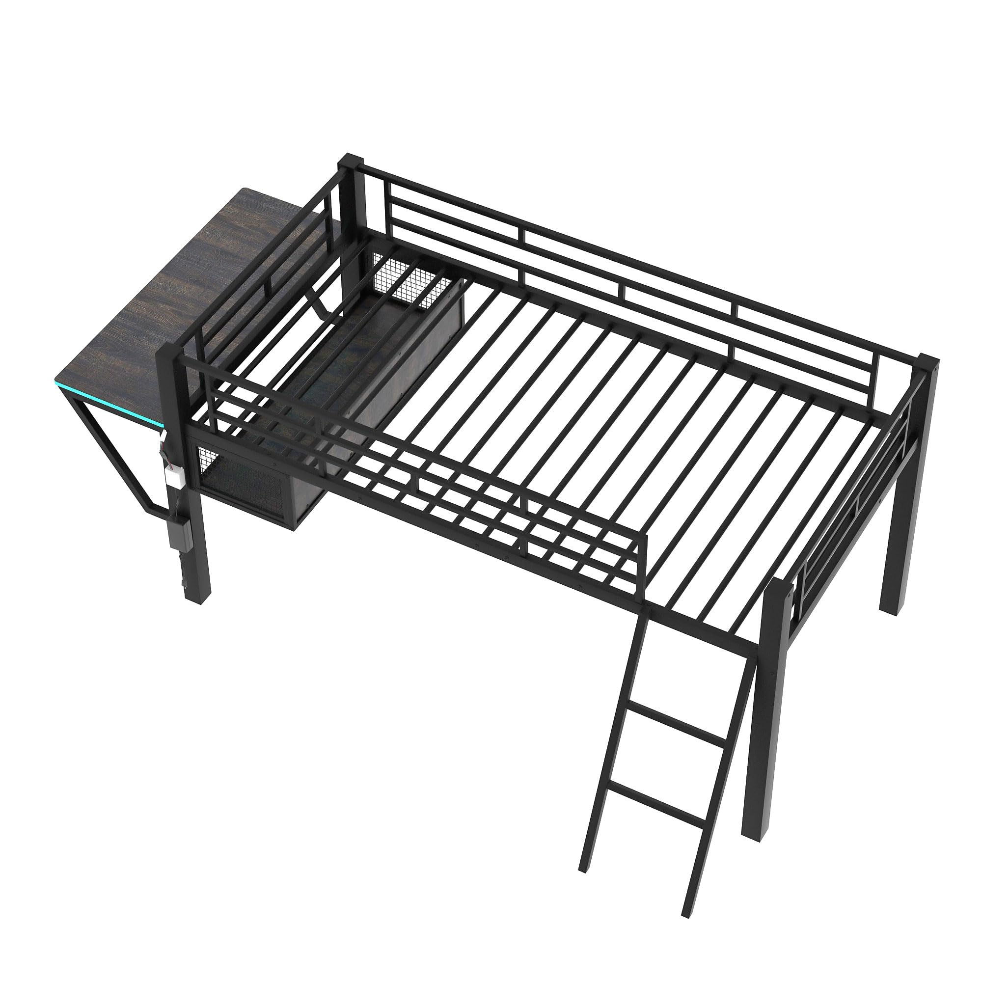 Linique Twin Size Gaming Loft Bed with Desk, LED and Staircase, Metal Loft Bed Frame with Vented Mesh Undercarriage Storage, Black