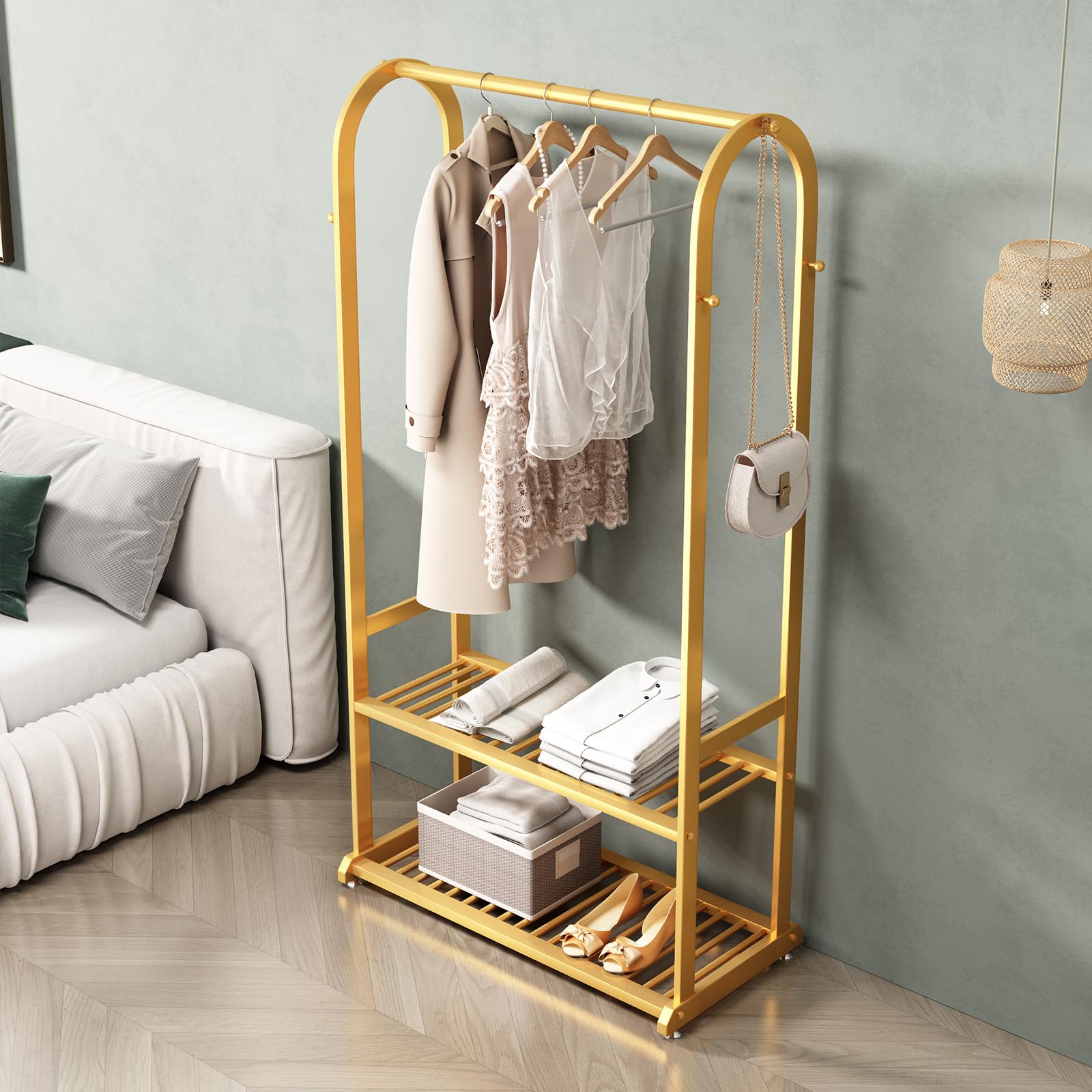 BUZUEY Gold clothing rack,Heavy duty clothes rack,Small clothing racks for hanging clothes,Wardrobe Rack,rack for clothes to hang,garment rack with bottom shelves,hanging racks for clothes(L:31.5in)