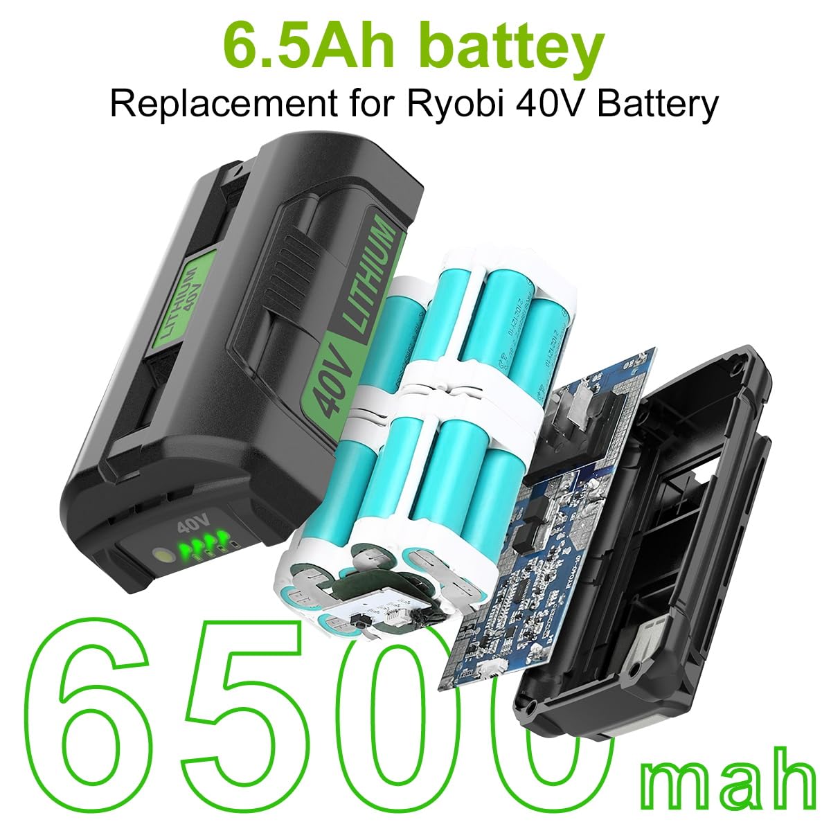 Energup 40Volt 6500mAh Replacement Ryobi 40V Battery + Charger Kit for Ryobi 40V Lithium Battery OP4026 OP40601 OP4050A OP4040 OP4030 OP4050 with OP401 Ryobi 40V Charger