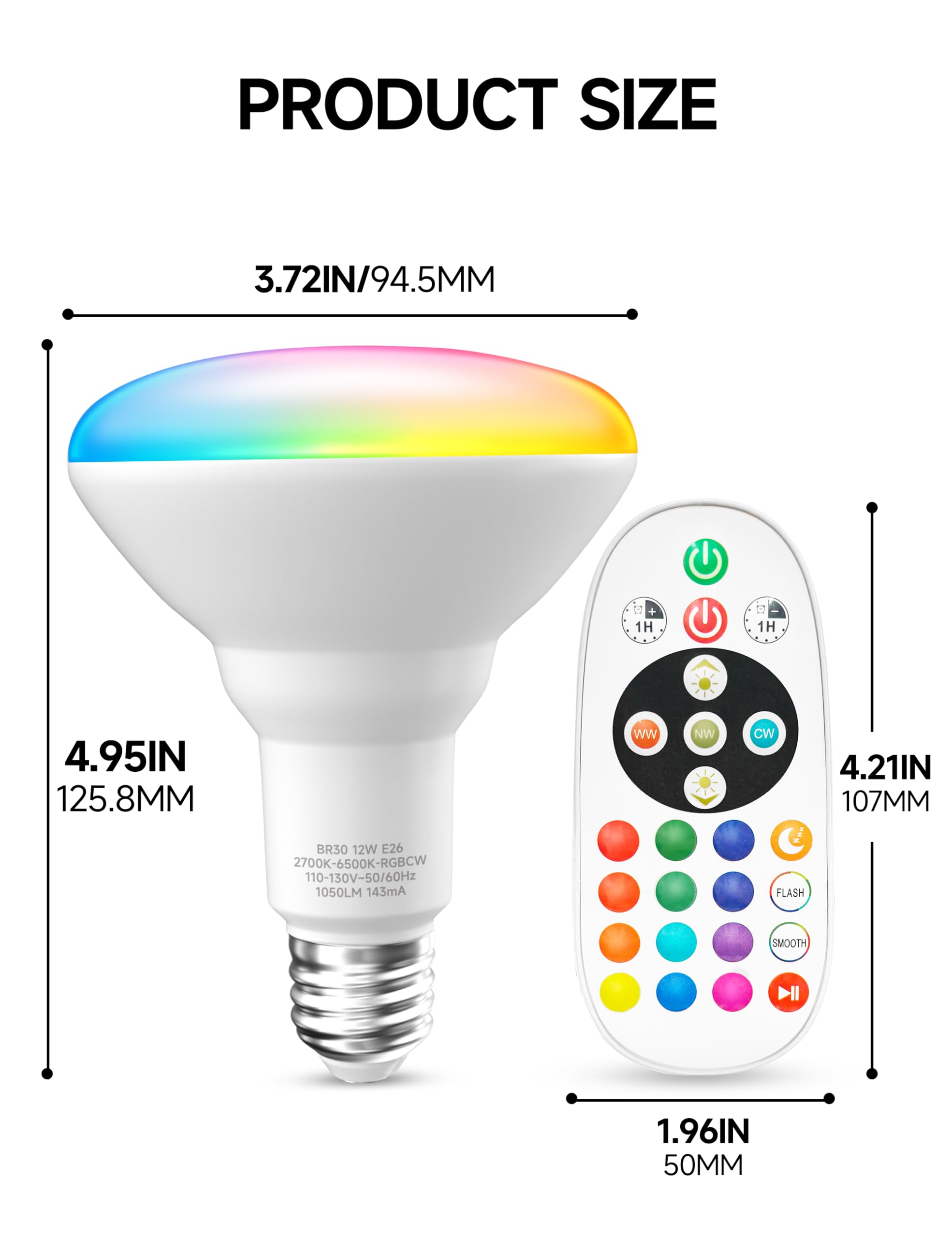 UNILAMP BR30 Color Changing Light Bulb, LED Flood Lights 12W Dimmable, 100W Equivalent, RGB+2700K+4000K+6500K, Remote Control, 1050LM, E26 Multi-Color Can Light Bulbs for Ceiling, 2 Pack