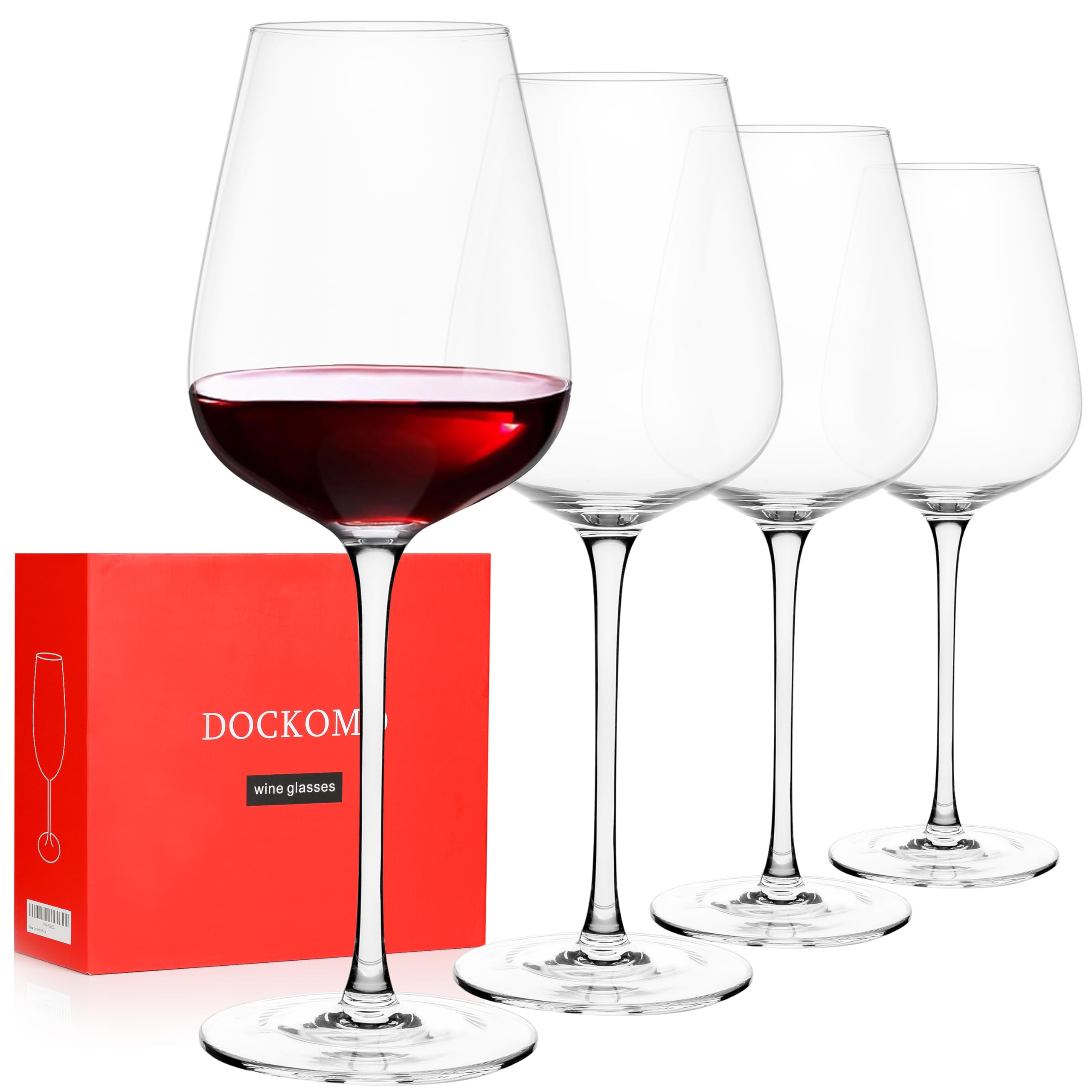 DOCKOMO Red Wine Glasses Set of 4, Hand Blown Crystal Bordeaux Lead-Free Clear Glass, Wedding, Anniversary, Birthday, Christmas Gift, 18 Ounce