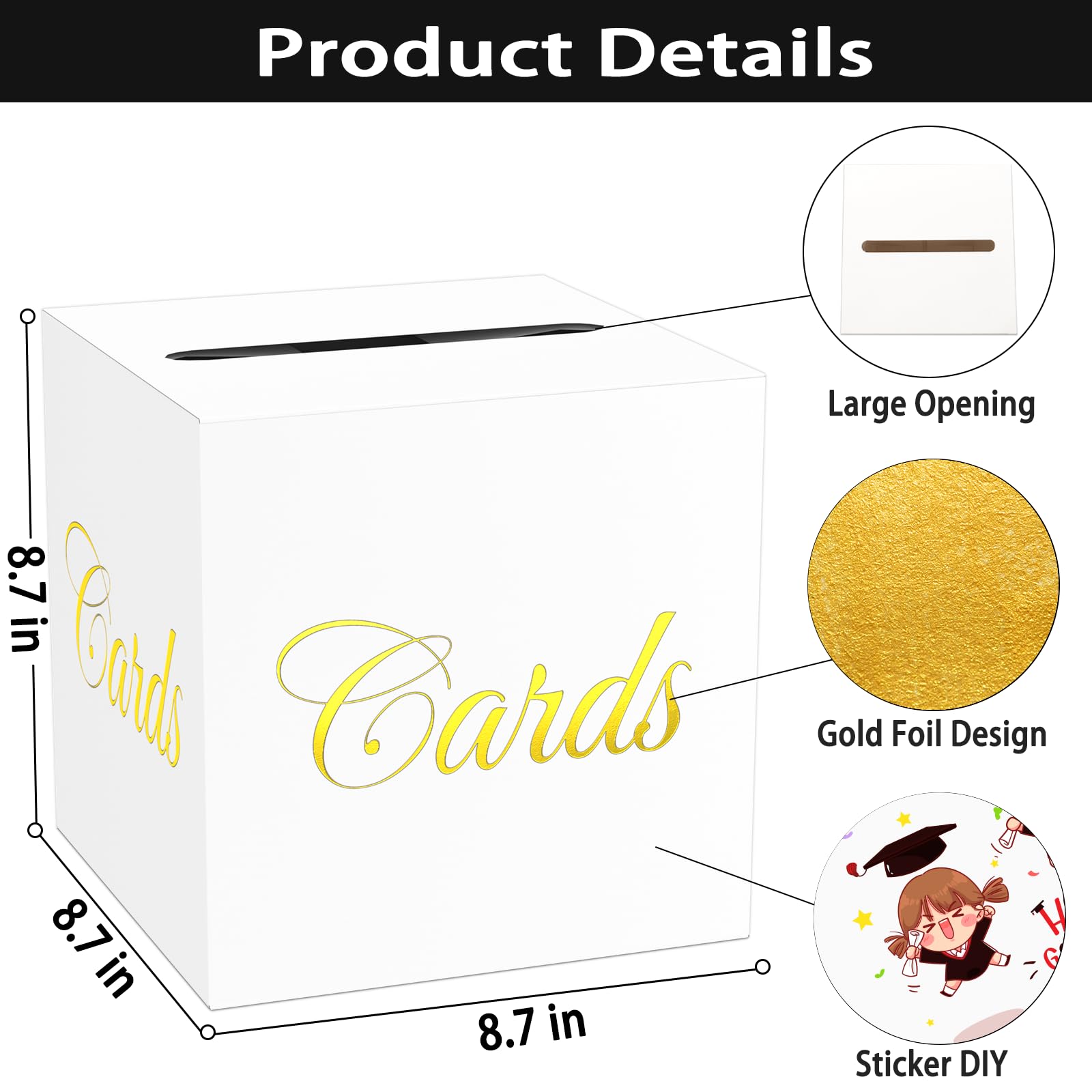 White Card Box for Party, 8.7" Cards Gold Foil Design Gift Cards Receiving Box Holder for Wedding, Bridal Shower, Graduation, Birthday, Retirement, Baby Shower, Anniversaries Party Decorations