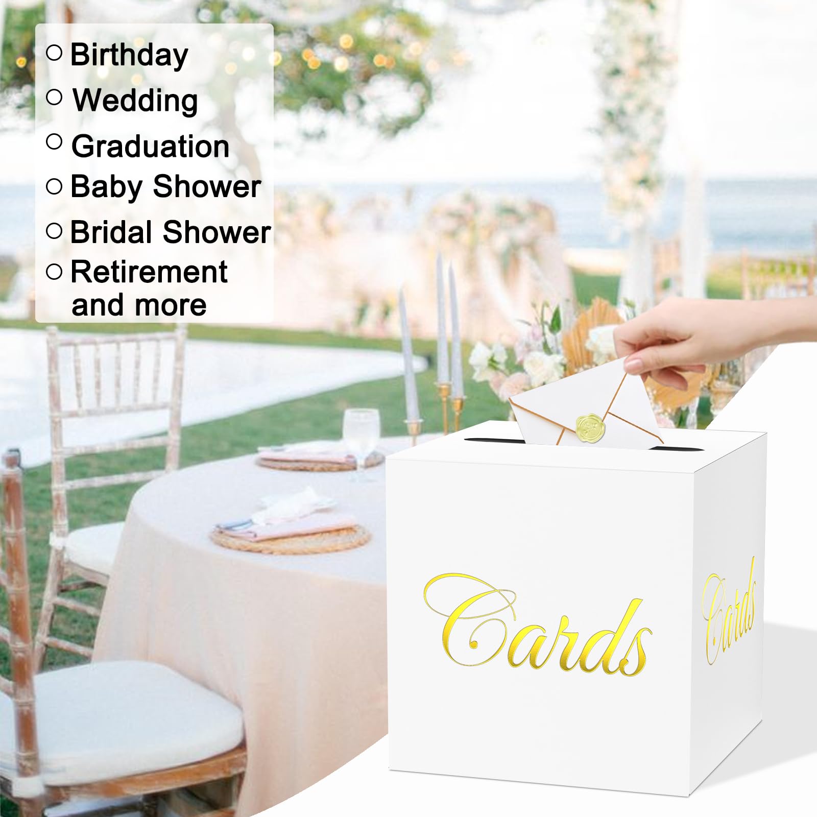 White Card Box for Party, 8.7" Cards Gold Foil Design Gift Cards Receiving Box Holder for Wedding, Bridal Shower, Graduation, Birthday, Retirement, Baby Shower, Anniversaries Party Decorations