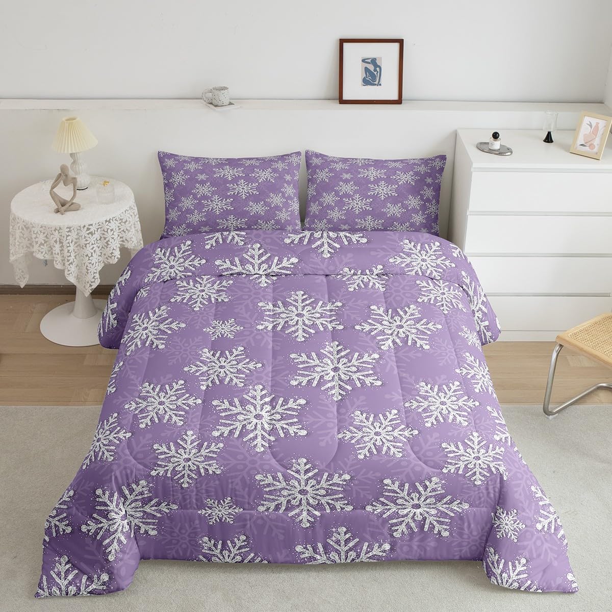 Feelyou Christmas Snowflake Comforter Set King Size Glitter Snowflake Bedding Set for Kids Boys Girls Bedroom Decor Purple Xmas Comforter Women Men Quilt Set with 2 Pillow Case