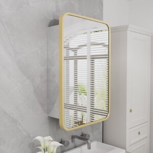 HOMECOOKIN Farmhouse Gold Metal Framed Recessed Bathroom Medicine Cabinet with Beveled Mirror Rounded Rectangle Bathroom Medicine Cabinet 16x24 inch