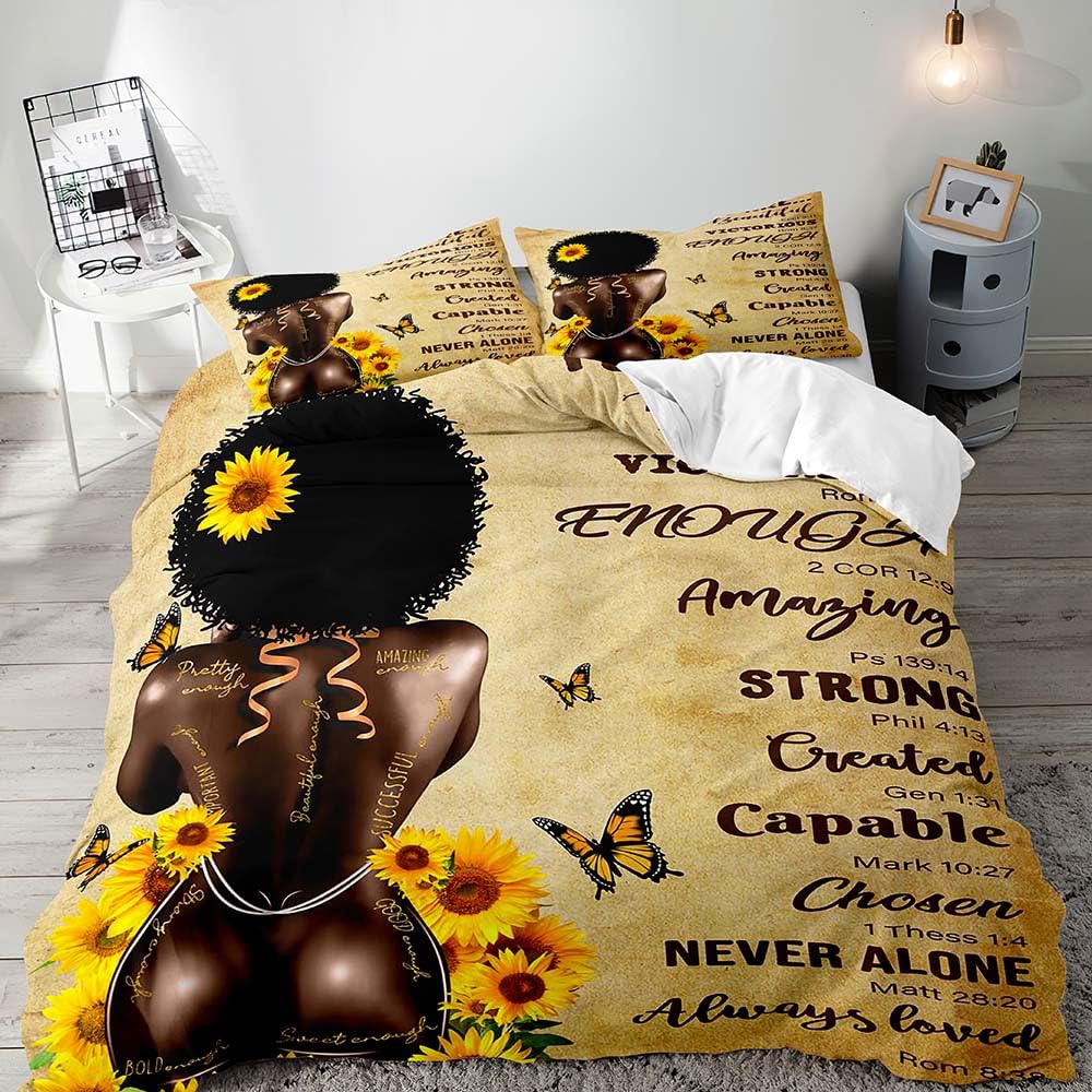 LUVIVIHOME 3PCS Sexy Black Girls Bedding Set, King Duvet Cover, Yellow Sunflower Butterfly Afro Black Woman African American Black Girl Magic Comforter Quilt Cover, Inspirational Gifts, 2 Pillow Shams