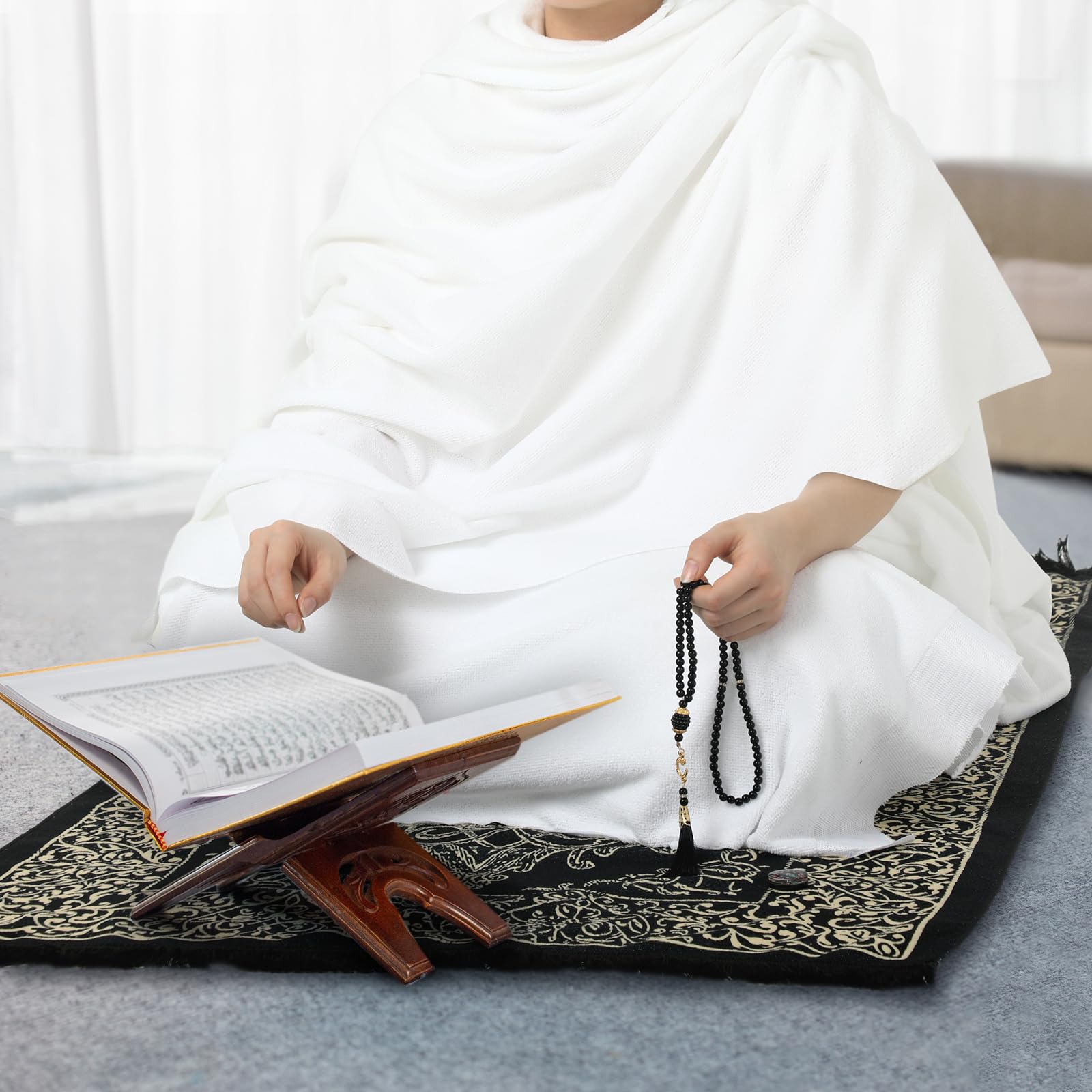 SmoothNovelty 15 Pcs Ahram Ihram Ehram Clothing for Hajj and Umrah for Men Include 2 Pcs Islamic Clothing Towel Muslim Prayer Rug Mat Compass Fanny Pack Prayer Bead Necklace Pins for Men Ramadan Gifts