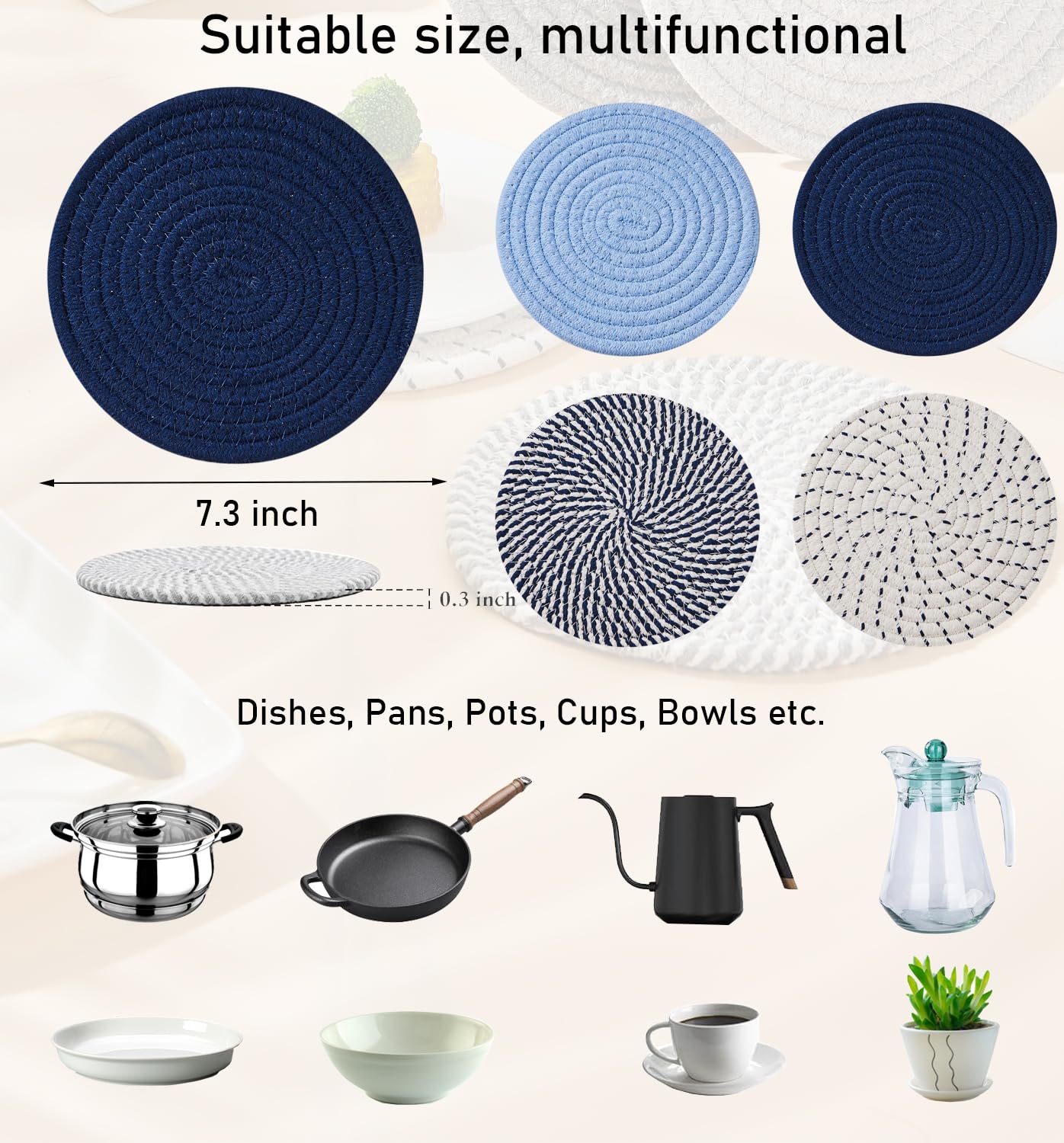 Trivets for Hot Dishes,7.3" Resistant Pot Holders for Kitchen,Kitchen Essentials,Farmhouse Kitchen Decor,Blue Hot Plate Mats,Non-Slip Cotton Material,Blue Kitchen Accessories (Blue)