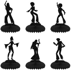 6 pcs 70's disco party decorations 70s disco dancing honeycomb table centerpiece black glitter 80's disco dancer table toppers honeycomb centerpieces for music disco theme birthday party supplies