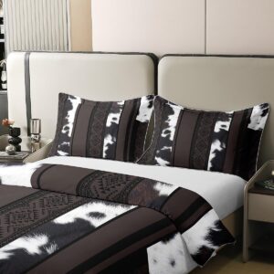 Manfei Cowhide Print 100% Nature Cotton Duvet Cover Queen Size,Farmhouse Animals Cow Skin Print Super Soft Bedding Set,Tribal Geometric Stripes Comforter Cover Bedding 3 Piece (No Comforter)