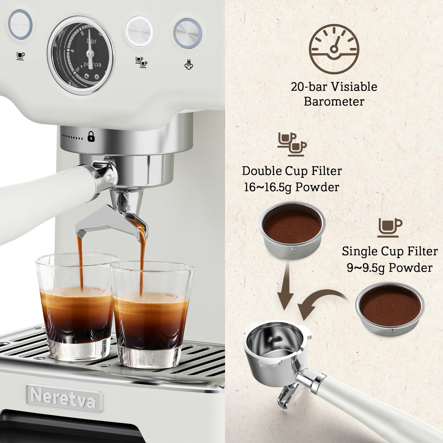 Neretva Espresso Machine 15Bar, [2 in 1] Professional Coffee and Espresso Maker Combo 1450W Stainless Steel Espresso Coffee Machine for Home Barista Espresso Latte Macchiato and Cappuccino Maker-White