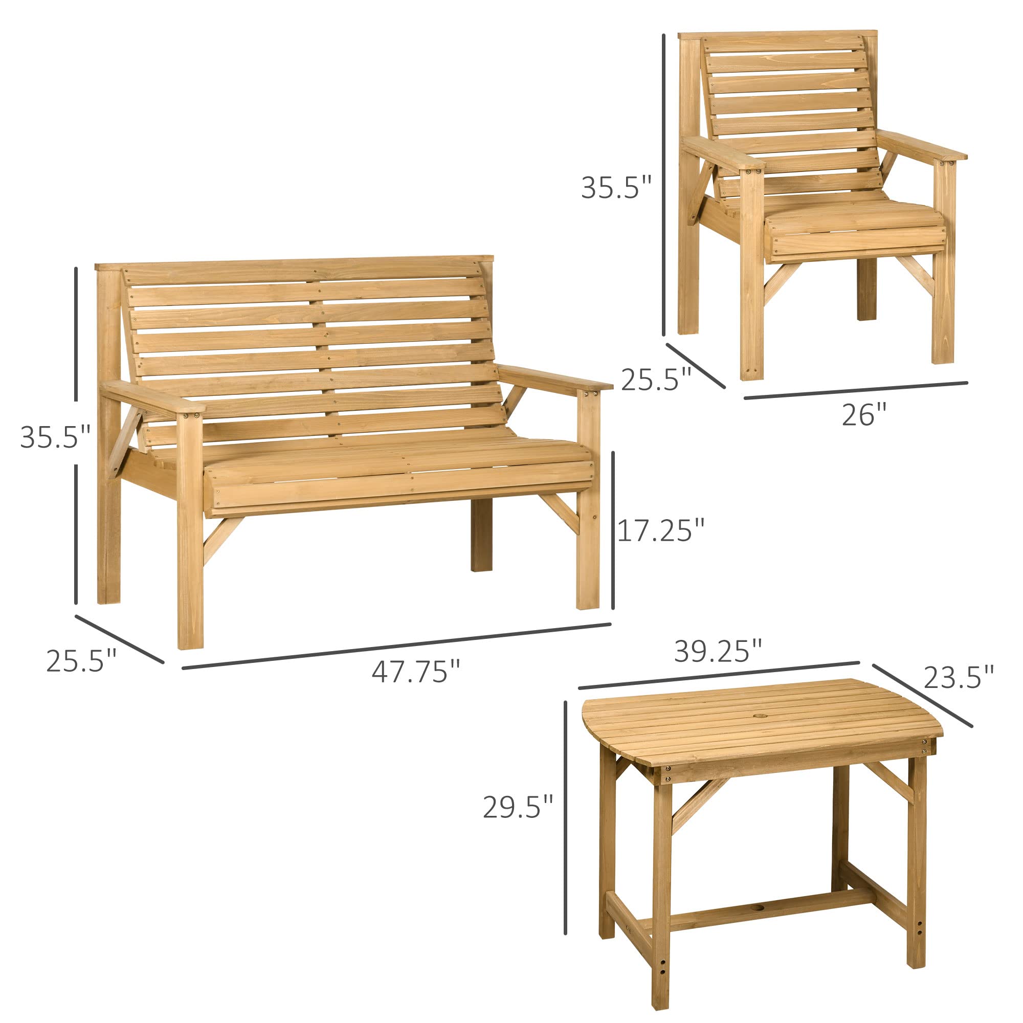 Outsunny 5 Piece Wooden Patio Dining Set for 6, Outdoor Conversation Set with 2 Armchairs, 2 Loveseats, and Dining Table with Umbrella Hole for Backyard, Garden, Light Brown