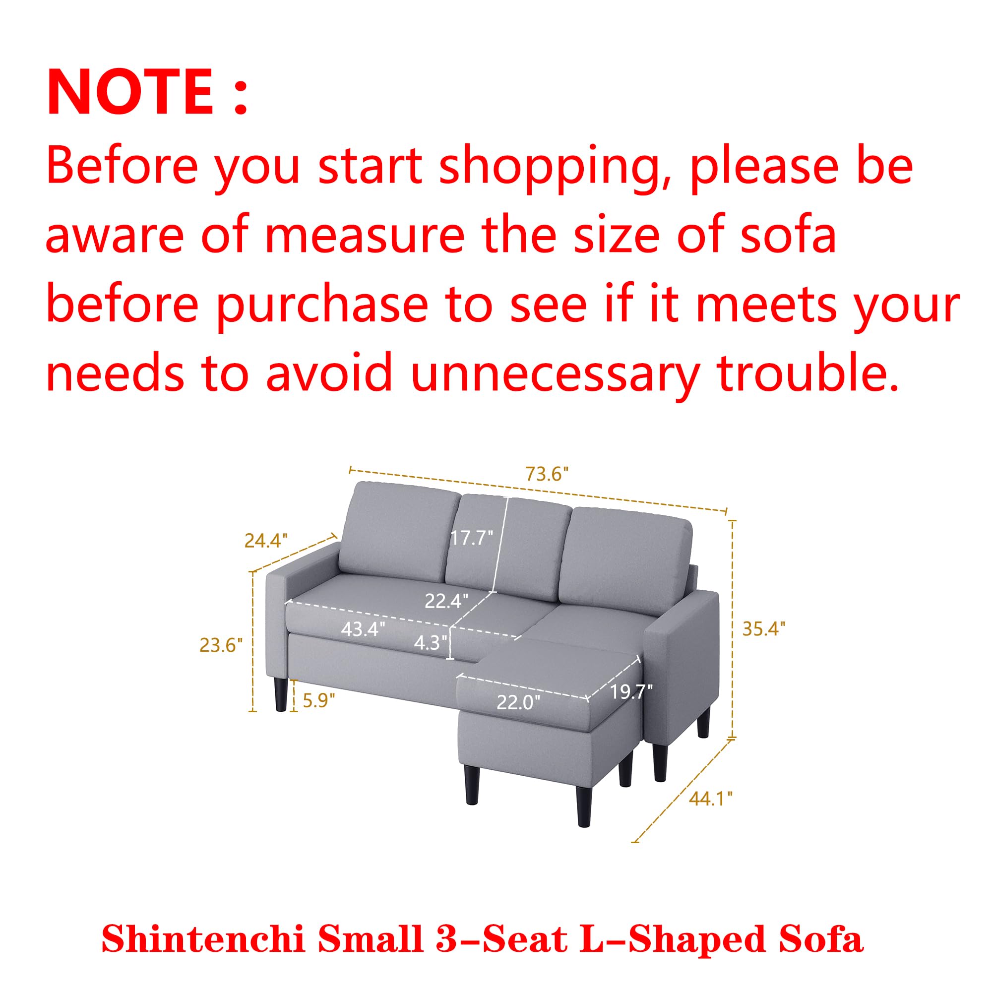 Shintenchi 74" Convertible Sectional Sofa Couch, Small 3-Seat L-Shaped Sofa with Modern Linen Fabric Upholstered, Space-Saving Sofa with Reversible Chaise for Living Room Apartment(Light Gray)