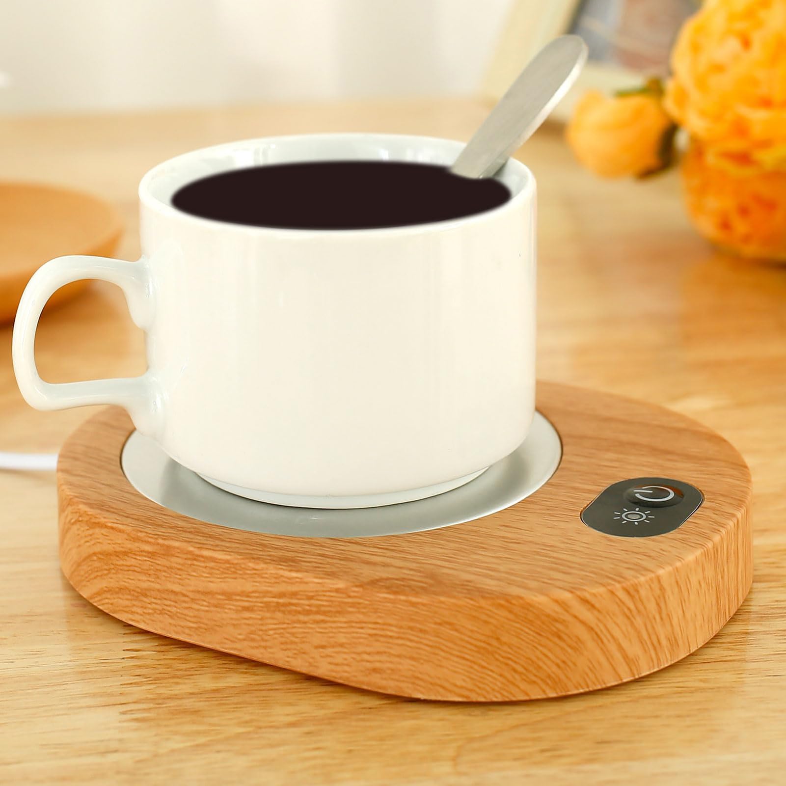 Coffee Mug Warmer, Abs Smart Beverage Cup Warmer, Battery Operated Candle Warmer Plate, 55-65°c Tea Cup Warmer, USB Rechargeable, Wood Style Warmer Plate, Touch Control Coffee Heater for Tea Coffee