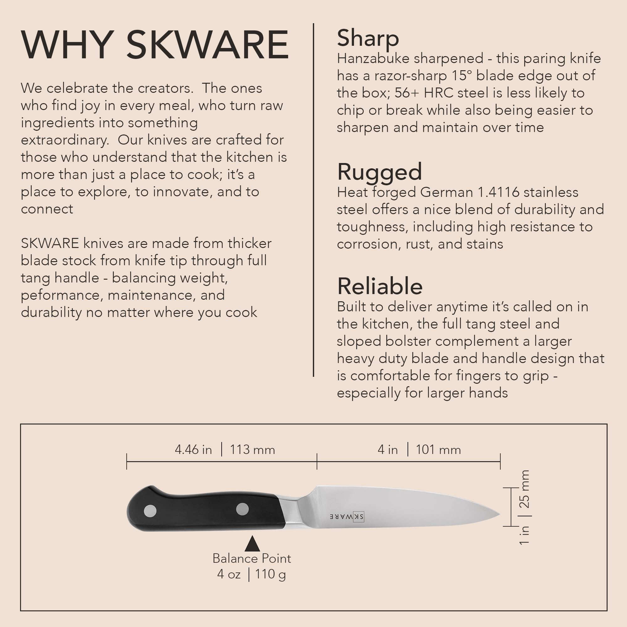 SKWARE 4" Paring Knife - Full Tang High Carbon German Steel - Compact Chef Knife for Peeling, Paring, Trimming of Meat, Fruit, Vegetables - Black