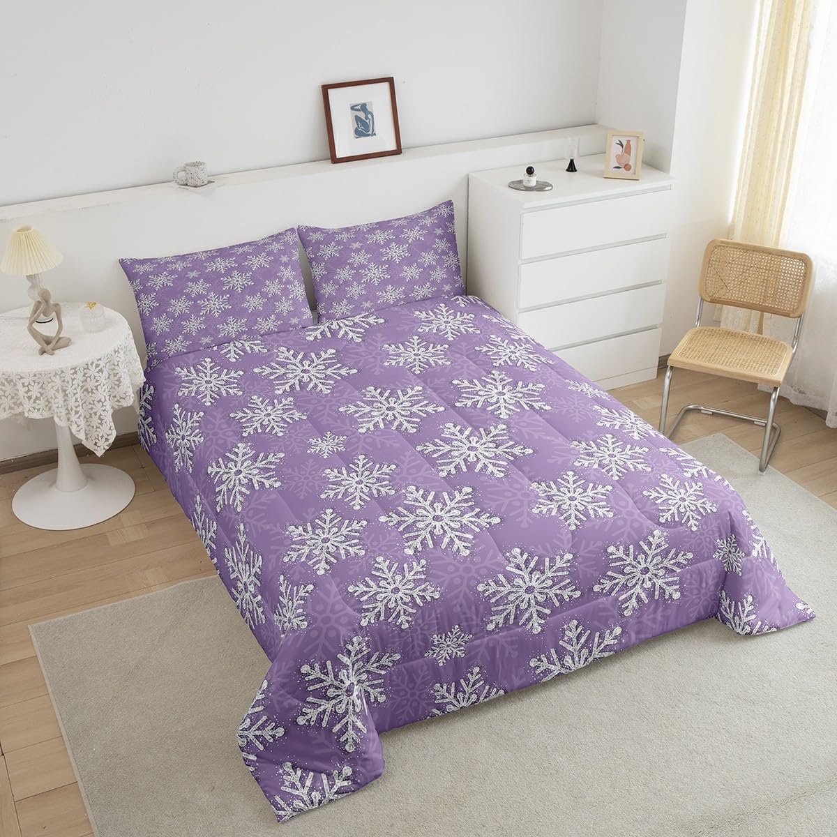 Feelyou Christmas Snowflake Comforter Set King Size Glitter Snowflake Bedding Set for Kids Boys Girls Bedroom Decor Purple Xmas Comforter Women Men Quilt Set with 2 Pillow Case