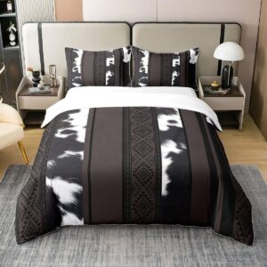 manfei cowhide print 100% nature cotton duvet cover queen size,farmhouse animals cow skin print super soft bedding set,tribal geometric stripes comforter cover bedding 3 piece (no comforter)