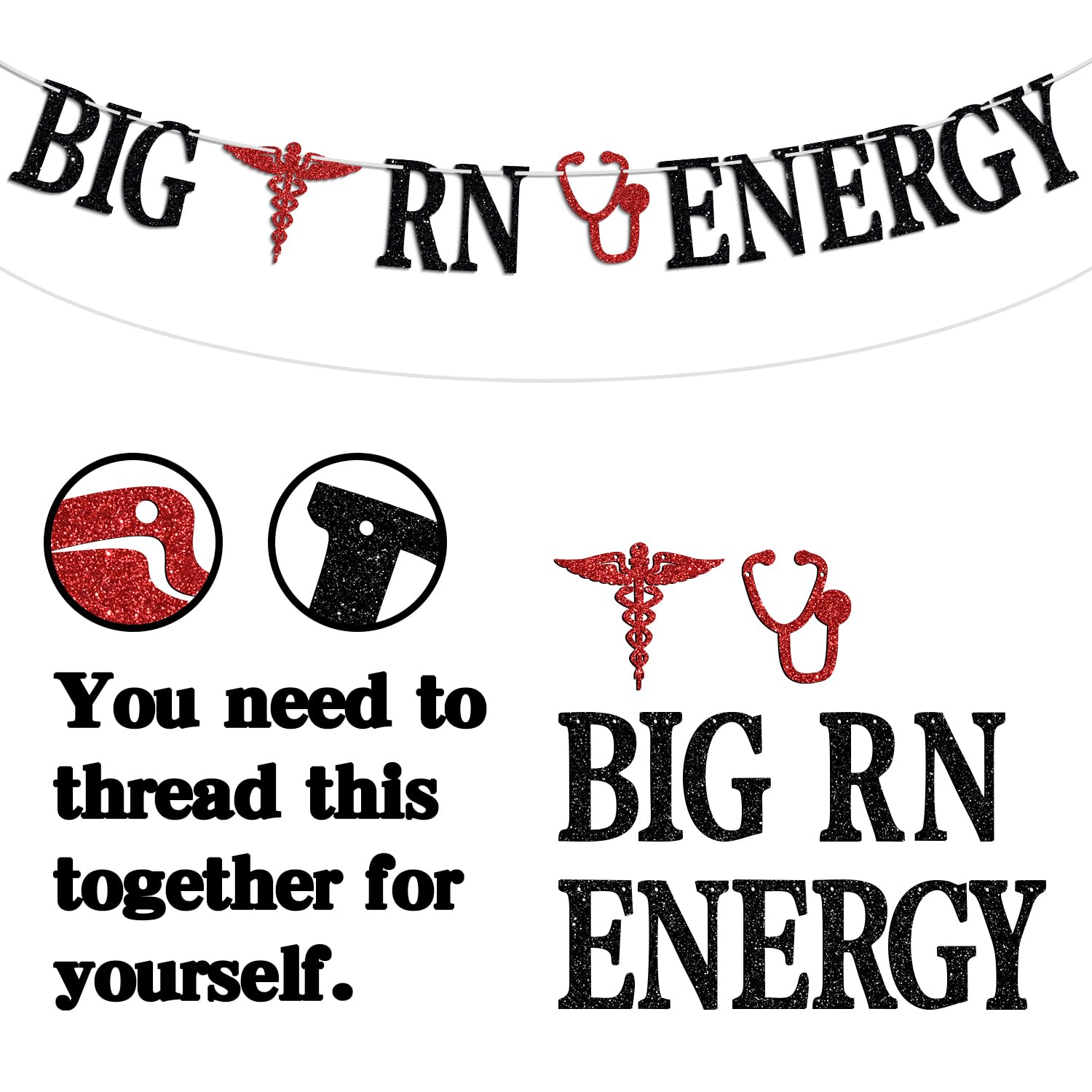 Big RN Energy Banner, Congrats Nurse Bunting Sign, Class of 2024 Nursing School Survivor Graduation Party Decoration Supplies, Black and Red Glitter