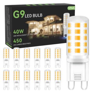 tjoy 12 pack g9 led bulb 4w equivalent 40 watt, replacement g9 halogen light bulb, 3000k soft warm white, small light bulb for chandelier, type g9 t4 bi-pin base, 120v energy saving bulb, non-dimmable