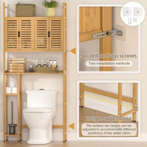 Cozivolife Over The Toilet Storage Cabinet with Toilet Paper Holder Stand,Bamboo Bathroom Organizer Shelf with Four Door and Waterproof Feet Pad,Space Saver Storage Rack with Anti-Tip Design (Natural)