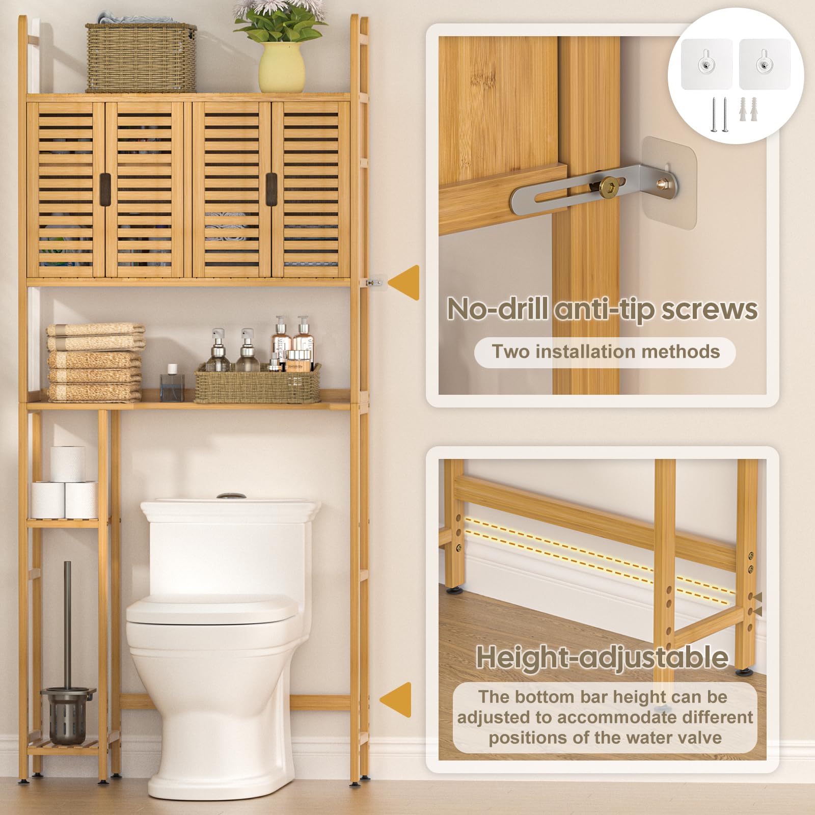 Cozivolife Over The Toilet Storage Cabinet with Toilet Paper Holder Stand,Bamboo Bathroom Organizer Shelf with Four Door and Waterproof Feet Pad,Space Saver Storage Rack with Anti-Tip Design (Natural)