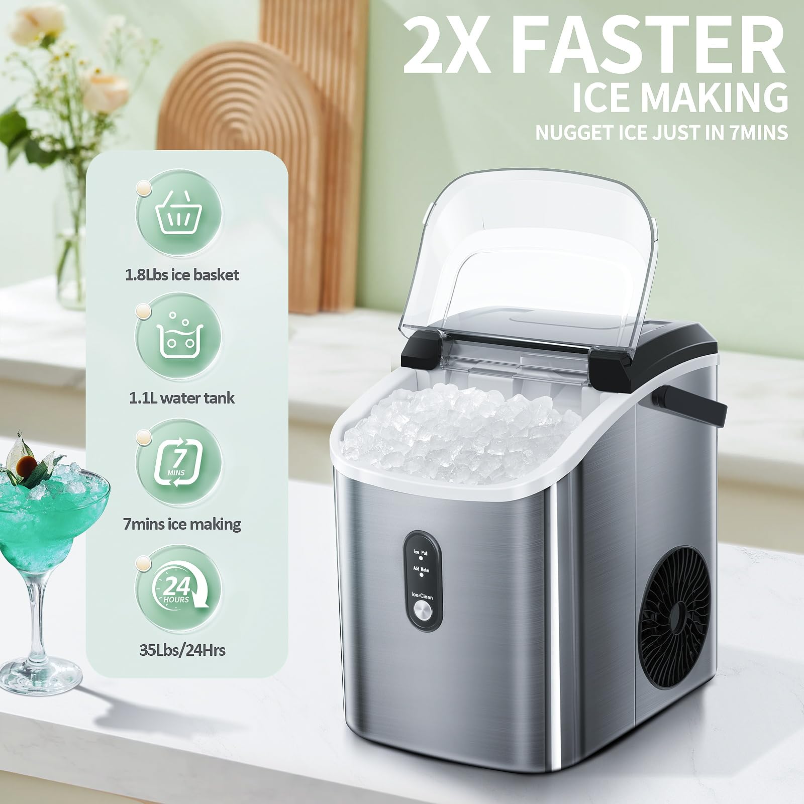 Nugget Ice Makers Countertop with Self-Cleaning, 35.5Lbs/24Hrs, Pebble Ice Machine with Hnadle/Ice Basket/Ice Scoop for Home/Office/Bar/Party, Silver(Stainless Steel)