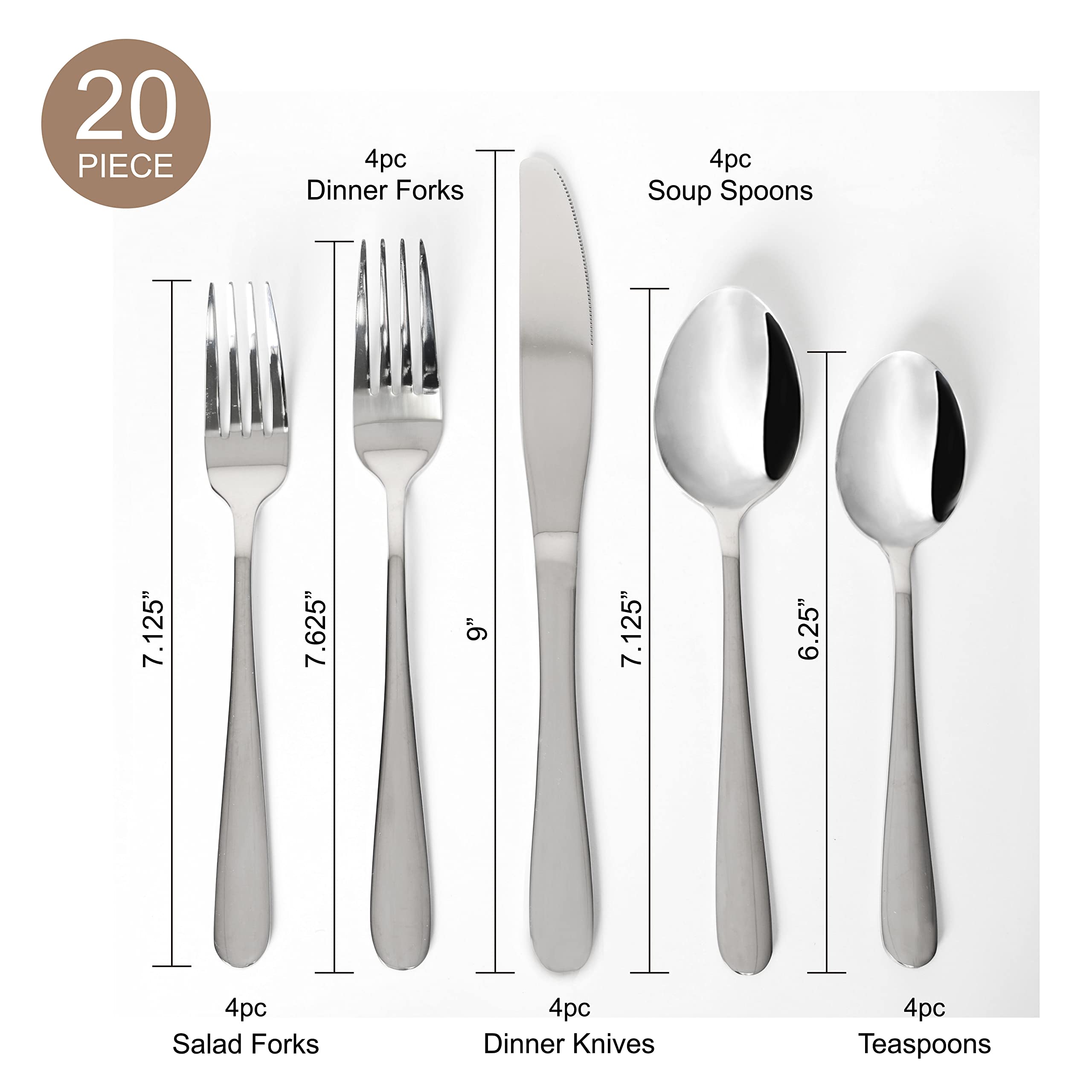 Silverware Set, QOUTIQUE 20 Piece Stainless Steel Flatware, Service for 4 Cutlery Set Utensils, for Home Kitchen Restaurant, Include Knives Spoons Forks, Mirror Polished, Dishwasher Safe