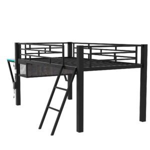 Linique Twin Size Gaming Loft Bed with Desk, LED and Staircase, Metal Loft Bed Frame with Vented Mesh Undercarriage Storage, Black