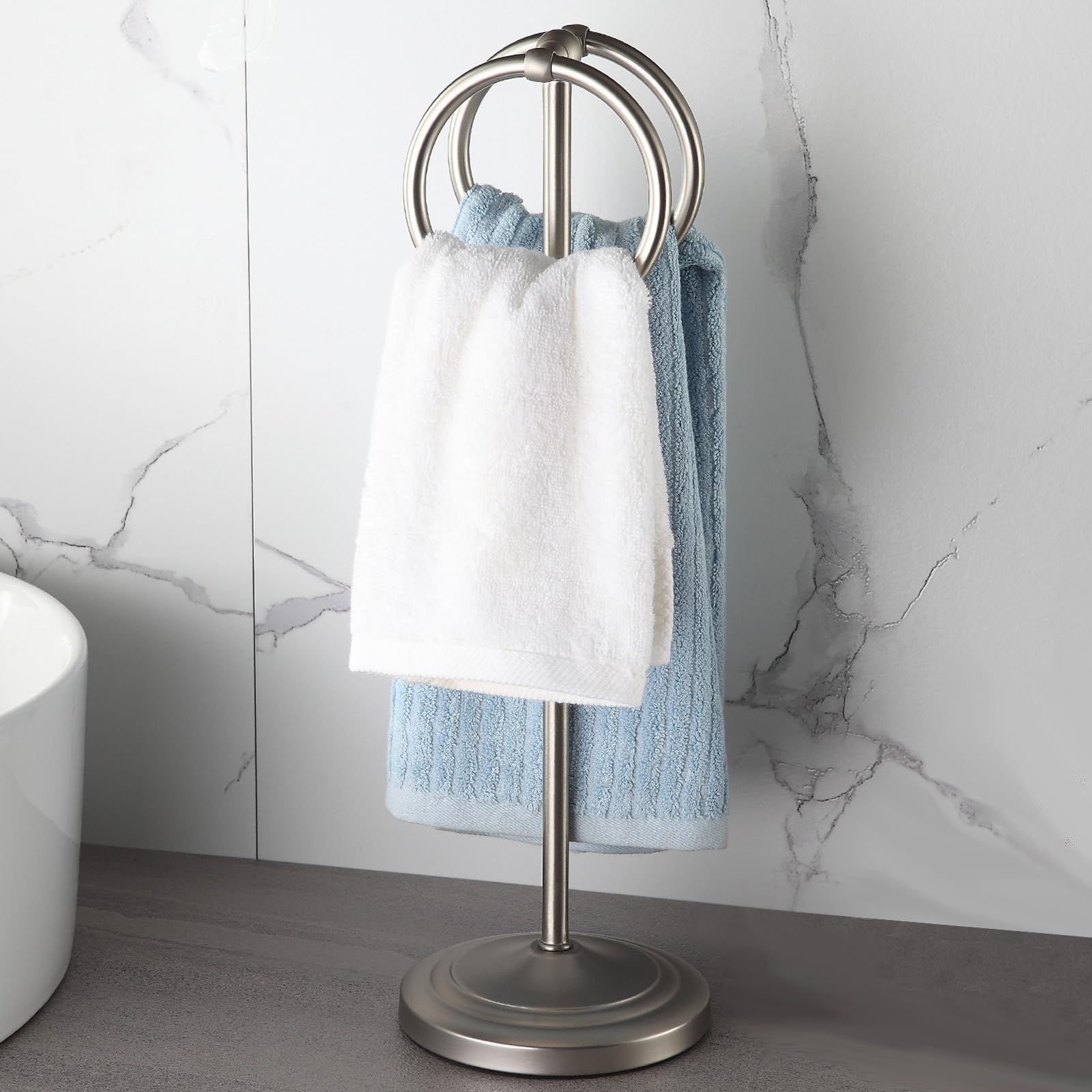 Hand Towel Holder 19'' Tall Hand Towel Rack Double Hand Towel Rings Hand Towel Stand for Bathroom Kitchen Counter to Hang Full-Size Hand Towel, Dish Towel, Tea Towel, Face Towel, Hair Towel (Silver)