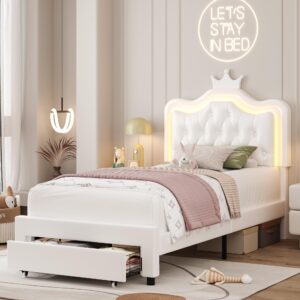 keyluv twin upholstered led bed frame with storage drawer, leather princess platform bed with adjustable crystal button tufted crown headboard, solid wooden slats support, no box spring needed, white