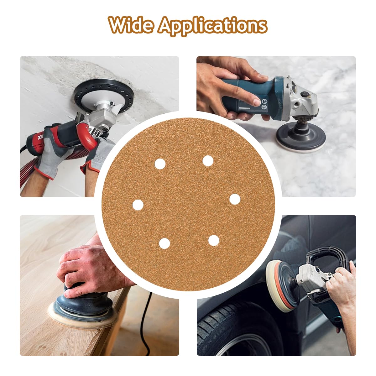 SUPBICCO 50 PCS 6 Inch Sanding Discs Hook and Loop, 80 120 220 320 400 Assorted Grits Sand Paper Disc for Random Orbital Sander, 6 Hole Gold Random Orbital Sandpaper Pads