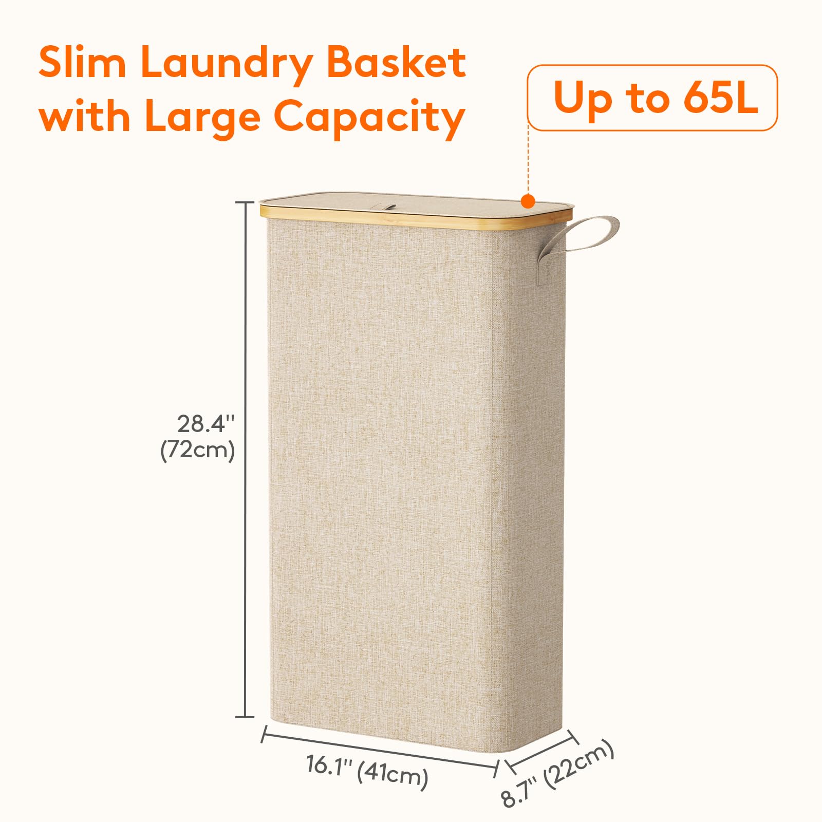 Lifewit 65L Slim Laundry Hamper with Lid, Narrow Laundry Basket with Removable Bag & Bamboo Handles, Fodable Thin Dirty Clothes Hamper for Laundry Collapsible Bin for Bathroom Bedroom Dorm, Beige