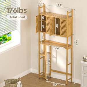 Cozivolife Over The Toilet Storage Cabinet with Toilet Paper Holder Stand,Bamboo Bathroom Organizer Shelf with Four Door and Waterproof Feet Pad,Space Saver Storage Rack with Anti-Tip Design (Natural)