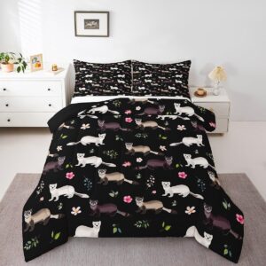 cute ferret bedding king pink cherry blossoms comforter set for girls women, white brown ferrets down comforter chic flower floral bedding comforter sets, black green duvet insert super cozy