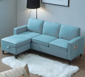 puremind 78 inches convertible sectional sofa, linen l-shaped sofa couch with reversible storage ottoman, wooden legs, 3-seat sectional couches for small space, apartment, office (blue)…