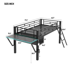 Linique Twin Size Gaming Loft Bed with Desk, LED and Staircase, Metal Loft Bed Frame with Vented Mesh Undercarriage Storage, Black