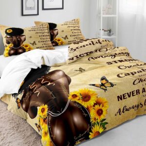 LUVIVIHOME 3PCS Sexy Black Girls Bedding Set, King Duvet Cover, Yellow Sunflower Butterfly Afro Black Woman African American Black Girl Magic Comforter Quilt Cover, Inspirational Gifts, 2 Pillow Shams