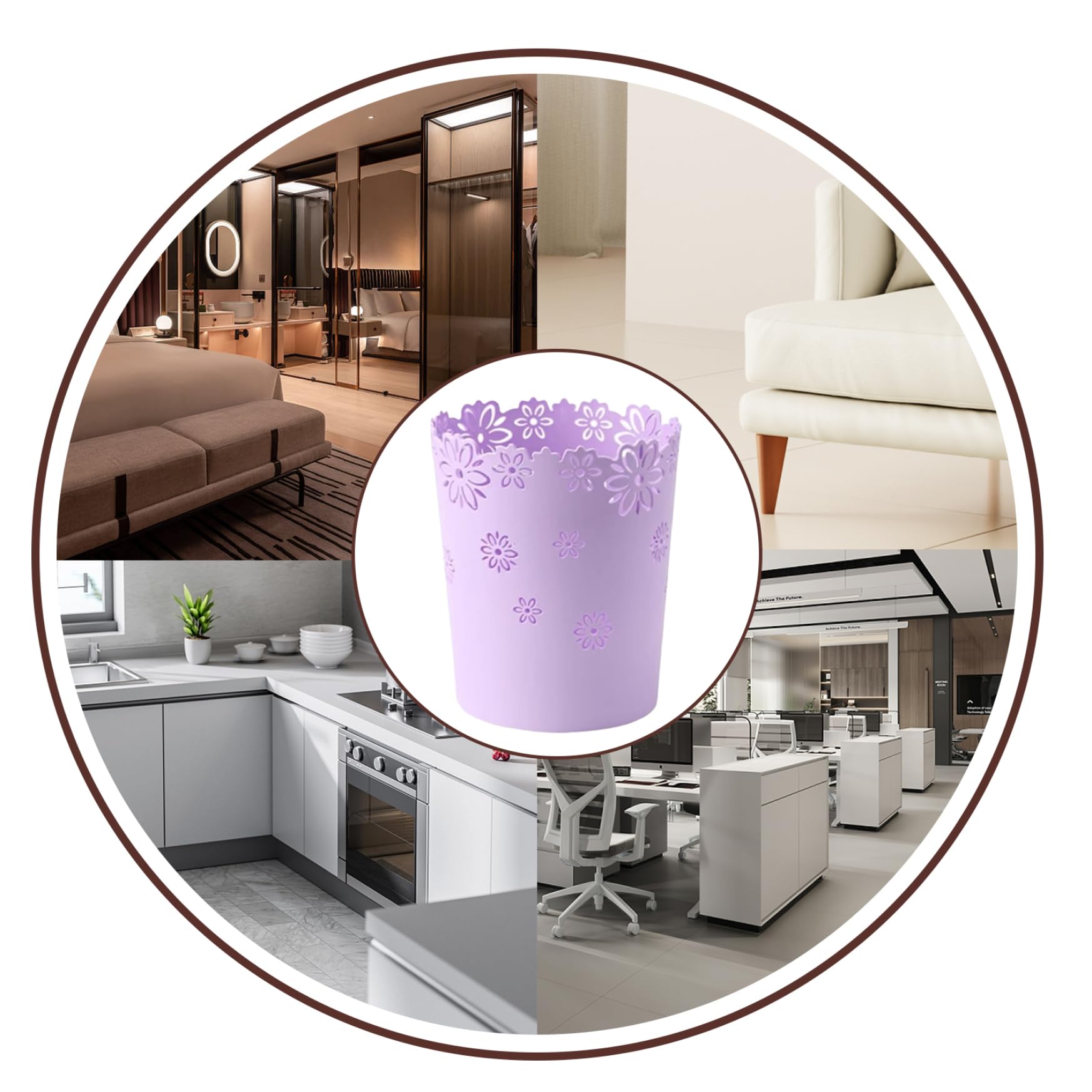 Comebachome Plastic Trash Can, Waste Paper Bin Flower Lace Waste Basket Round Rubbish Bin Hollow Garbage Can for Bedroom Bathroom Kitchen Office (Purple/S)